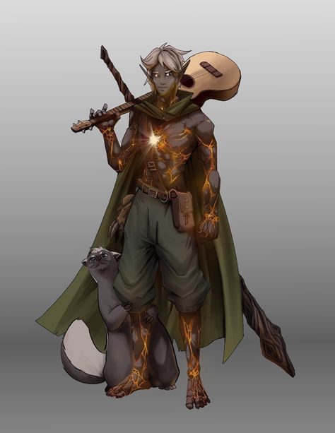 ArtStation - RPG Character - Flaming Genasi Bard 5e Genasi, Rock Genasi, Dnd Earth Genasi Male, Earth Genasi Character Art, Fire Genasi Bard, Earth Genasi Male, Fire Genasi Male, Genasi Character Art, Genasi Dnd