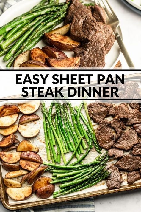 Enjoy steak any night of the week with this easy sheet pan meal. Tender sliced steak is made flavorful with a simple marinade and then cooks in the oven with asparagus and potato wedges. You'll love the taste and you'll really love the minimal clean up! Sheet Pan Steak Potatoes And Asparagus, Sirloin Sheet Pan Dinner, Steak Asparagus Potatoes Foil Packet, Sheet Pan Sirloin Steak, Sirloin Steak And Asparagus Recipes, Steak Potatoes And Asparagus, Steak And Asparagus Sheet Pan Dinner, Easy Sheet Pan Dinners Steak, Steak Bites Sheet Pan Dinner