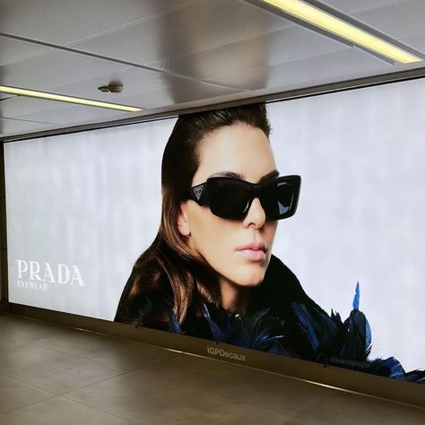 Billboard with a photo of Kendall Jenner promoting the Prada Eyewear campaign at Linate Airport in Milan, Italy. Kendall Jenner Campaign, Prada Billboard, Prada Girl Aesthetic, Kendall Jenner Prada, Billboard Aesthetic, Billboard Model, Prada Photoshoot, Fashion Billboard, Prada Campaign