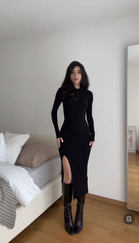 Sultry Fall Outfits, Black Dress Long Boots, Black Midi Dress And Boots, Dark Feminine Classy Outfits, Feminine Outfits Aesthetic Winter, Femme Fatale Fall Outfit, Long Boots Outfit Aesthetic, Feminine Style 2023, Fall Knit Dress