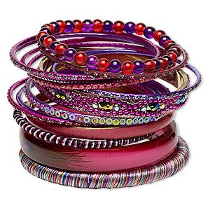 Bracelet, bangle, enamel / glass / resin / polyester / plastic sequin / gold-finished steel / aluminum / brass, assorted colors with glitter, 2.5-12mm wide, 8 inches. Sold per 14-piece set. Y2k Bangles, Month Gemstones, Jewellery Board, Multicolor Jewelry, Jem And The Holograms, Leap Year, Polyester Resin, Leather Dye, Jewelry Making Project