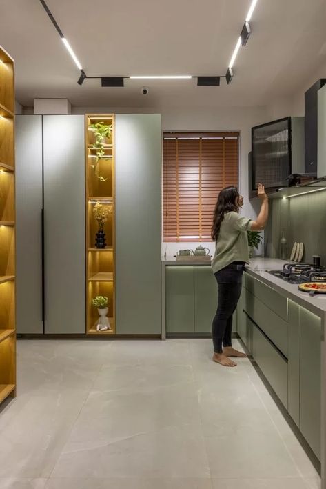 Kitchen Showcase Design with a Twist of Wardrobe Display | J Architects - The Architects Diary Kitchen Showcase, Hardware Display, Living Room Designs India, Wardrobe Display, Kitchen Cabinetry Design, Living Room Decor Lights, Modern Kitchen Cabinet Design, Wardrobe Designs, House Design Pictures