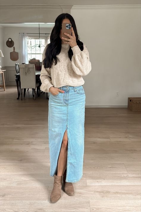 Women's Denim Maxi Skirt - … curated on LTK Long Skirt Outfits Denim, How To Style Denim Maxi Skirt, Denim Maxi Skirt Outfits, Winter Jean Skirt Outfits, How To Style Long Jean Skirt, Jean Skirt Outfits Long, Maxi Denim Skirt Outfit Winter, Winter Denim Skirt Outfit, Long Jean Skirt Outfits Winter