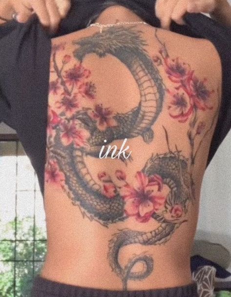 Full Back Tats Women, Color Back Tattoos For Women, Cool Tattoos For Women Unique, Japan Back Tattoo, Creative Back Tattoos, Back Tattoo Women Dragon, Full Back Tattoo Women Japanese, Cherry Blossom Tree Back Tattoo, Japanese Cherry Blossom Tattoo Back