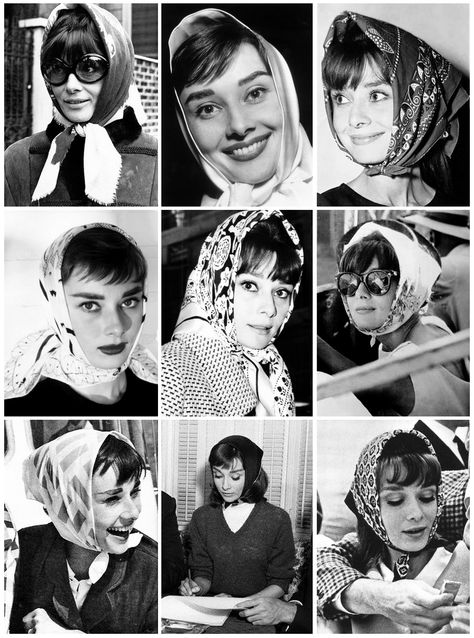 Audrey Hepburn in scarves Old Hollywood Head Scarf, Audrey Hepburn Born, Audrey Hepburn Style, Glamorous Hair, Head Scarf Styles, Hepburn Style, Hollywood Sign, Classic Beauty, Classy Women