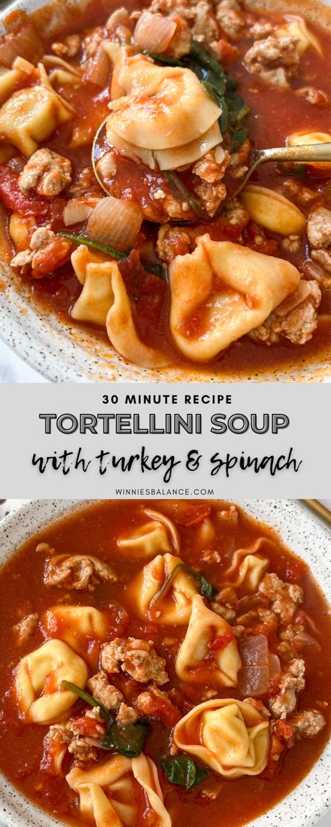 Tortellini Soup With Ground Turkey, Tortellini With Ground Turkey, Tortellini Ground Turkey Recipes, Ww Tortellini Soup, Turkey Sausage Tortellini Soup, High Protein Tortellini Soup, Ground Turkey Tortellini Soup, Tortellini Turkey Soup, Tomato Soup With Pasta