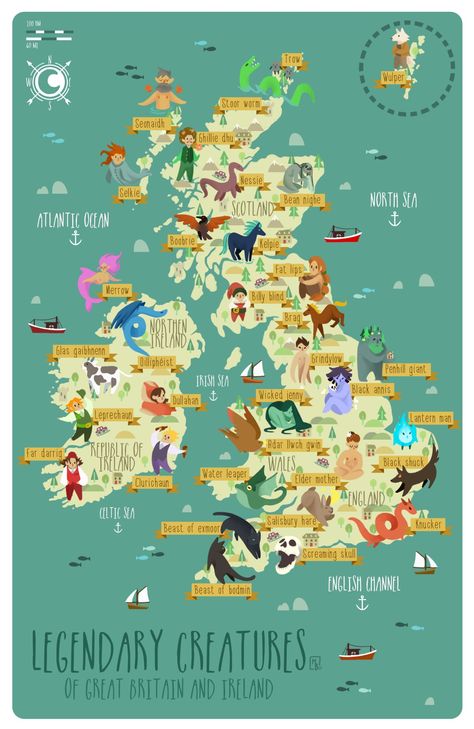 Map Of Britain, World Mythology, Legendary Creature, Funny Posters, Mythological Creatures, Illustrated Map, British Isles, Illustration Inspiration, Writing Inspiration