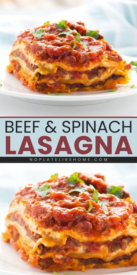 Out of easy dinner ideas? This Beef and Spinach Lasagna is an easy pasta recipe made with homemade meat sauce. This Italian recipe makes a great addition to your favorite comfort food ideas. Save this pin for later! Spinach And Meat Lasagna, Ground Beef And Spinach, Comfort Food Ideas, Beef Lasagna Recipe, Easy Pasta Recipe, Homemade Meat Sauce, No Boil Lasagna, Beef Lasagna, Meat Lasagna