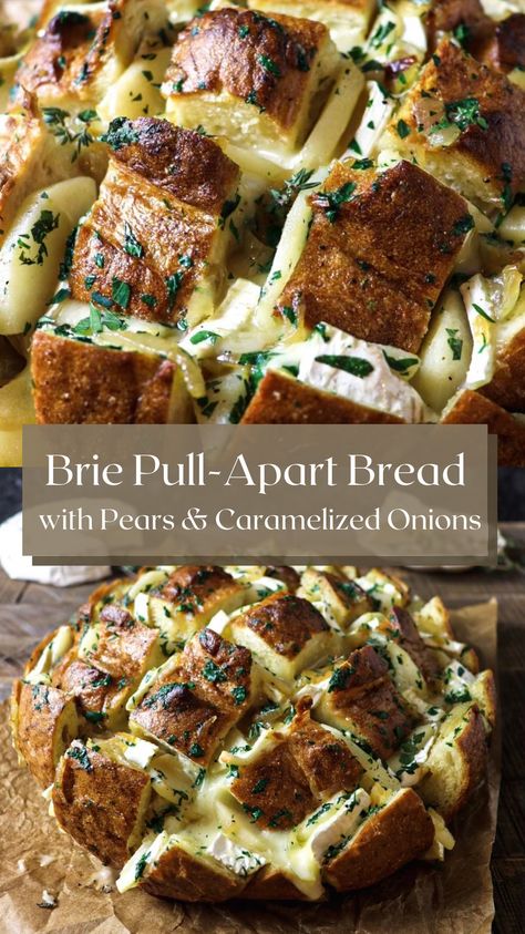 Easy-to-make brie pull-apart bread is the perfect holiday appetizer! Gooey, cheesy and loaded with sweet caramelized onions, sautéed pears and thyme, this pull-apart bread is rich and decadent while easy to make for a Christmas party or your next holiday gathering. Food Dolls Olive Pull Apart Bread, Dinner With Brie Cheese, Bread Hors D’oeuvres, Hobbit Appetizers, Baked Brie Pull Apart Bread, Pull Apart Brie Bread, Bread With Brie Cheese, Brie Bread Pull Apart, Sourdough Brie Pull Apart Bread