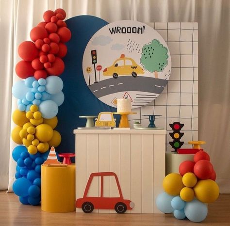 Car Theme Decoration Ideas, Transportation Birthday Theme, Transportation Birthday Party, Disney Car, Cars Birthday Party Decorations, Baby Boy Birthday Cake, Construction Theme Birthday Party, Decoration For Party, 2nd Birthday Party For Boys