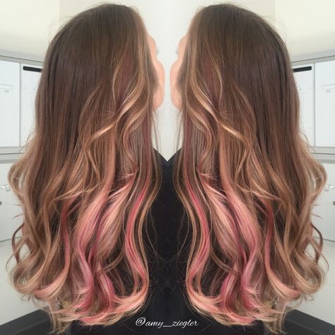 Soft Pink PeekABoo with Blonde balayage by @amy_ziegler #askforamy#versatilestrands Brown Hair With Pink Peekaboo, Peekaboo Rose Gold, Dark Brown Hair With Pink, Brown Hair With Pink, Pink Peekaboo Highlights, Pink Peekaboo Hair, Pink Peekaboo, Pink Hair Streaks, Pink Hair Highlights