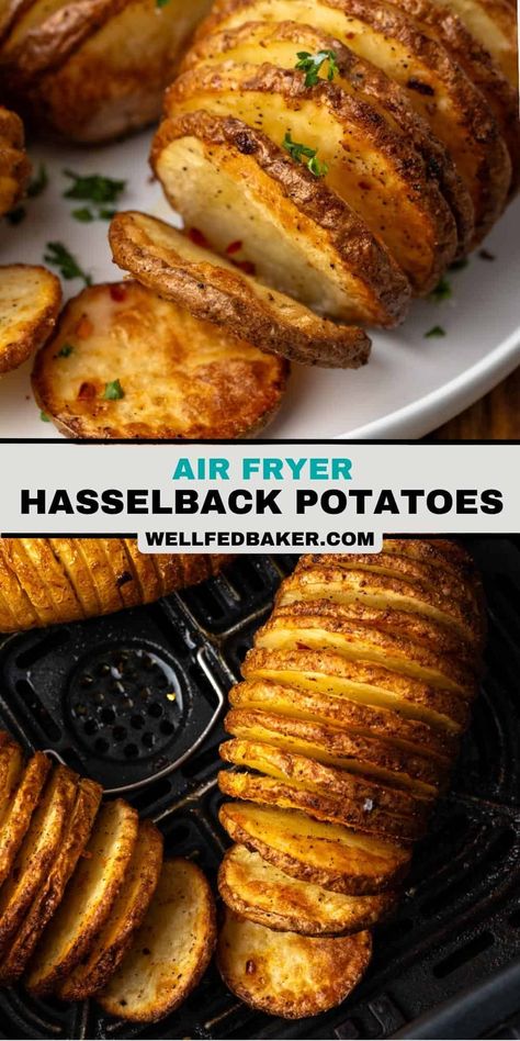 Air Fryer Hasselback Potatoes, Sliced Baked Potatoes, Baked Potato Slices, Air Fryer Baked Potato, Best Air Fryer, Hasselback Potatoes, Potato Recipes Side Dishes, Air Fryer Dinner Recipes, Potato Side Dishes