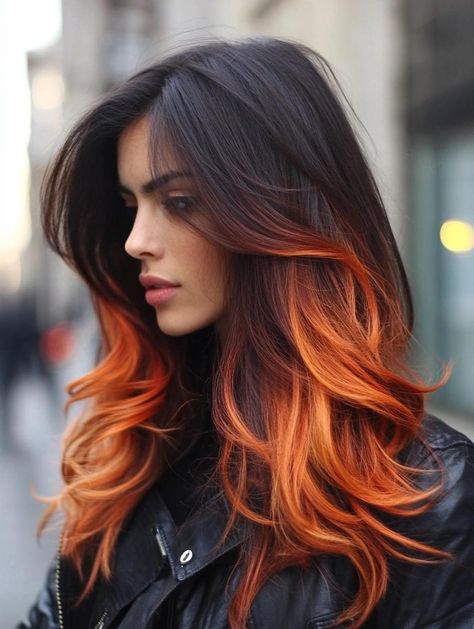 Chic Ombre Hair Color Ideas: From Subtle Blends to Bold Contrasts for Every Hair Type and Style Brunette Copper Ombre, Red To Orange Ombre Hair, Brown To Orange Ombre, Brunette To Red Hair Balayage, Brown To Red Ombre Hair, Ginger And Purple Hair, Colorful Balayage, Orange And Pink Hair, Long Hair Ombre