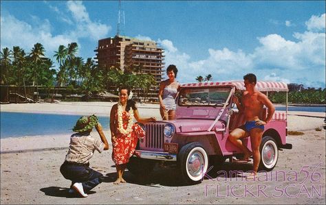 Hawaiian Village Beach & Lagoon    Henry J. Kaiser bought Willys Overland Motors in 1953 and "Kaiser pink" Willys Jeeps soon became ubiquitous. Pre-zip Mike Roberts Hawaii Color Card. Johnston Atoll, Pink Jeep, Village Hotel, Trip To Maui, Beach Cars, Hawaii Homes, Vintage Hawaii, Willys Jeep, Island Style