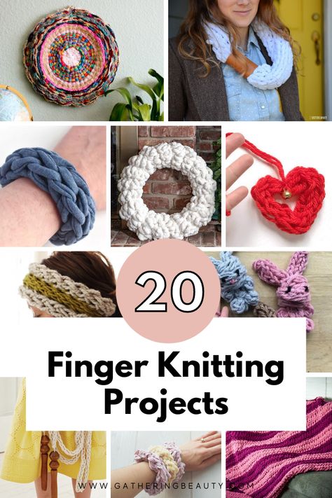 What Can You Make With Finger Knitting — Gathering Beauty Diy Hand Knitting Projects, Stuff To Finger Knit, Finger Knitting Scarf Tutorial, Finger Yarn Projects, What To Do With Finger Knitting, Finger Weaving Patterns, No Knit Yarn Projects, Finger Weaving For Kids, Things You Can Make With Yarn