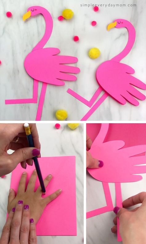 Learn how to make this fun flamingo kids craft with our simple tutorial and video! It's a cute craft to do with kindergarten or elementary kids, plus it comes with a free printable template!  #simpleeverydaymom #handprintcrafts #flamingocrafts #kidsactivities #kidscrafts #craftsforkids #kindergarten #elementary Pink Preschool Crafts, Flamingo Habitat Project, Birds Art And Craft, Pink Crafts For Toddlers, Pink Activities For Preschool, Flamingo Crafts For Kids, Birds Crafts, Bird Craft, Flamingo Craft