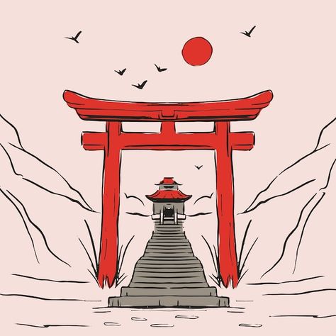 Japan Simple Drawing, Japanese Art Drawing Easy, Japan Temple Drawing, Japan Graphic Design Illustration, Japanese Drawing Aesthetic, Japanese Art Easy, Chinese Temple Drawing, Japan Drawing Easy, Japanese Drawing Simple