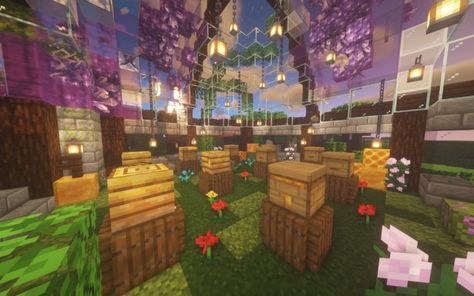 Bee Dome Minecraft, Bee Sanctuary Minecraft, Minecraft Bee Farm, Minecraft Bee Sanctuary, Minecraft Dome, Bee Sanctuary, Minecraft Bee, Farm Minecraft, Minecraft Interior