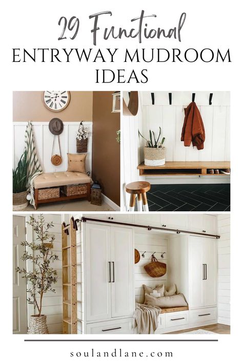 Craft a welcoming and organized entry with mudroom ideas tailored to keep clutter at bay right from the door. Explore built-in cubbies for stashing coats and backpacks, bench seating with hidden storage for shoes, and wall-mounted hooks for scarves and hats. Enhance functionality with a message center or chalkboard for family reminders. These entryway mudroom ideas not only serve to organize daily essentials but also create a warm, inviting space that makes a lasting first impression on guests a Country Farmhouse Mudroom, Mudroom Wall Art, Backpack Storage Wall, Wall Of Coat Hooks, Entryway Nook Ideas Small Spaces, Small Entryway Backpack Storage, Entryway Backpack Organization, Entry Way Wall Hook Ideas, Behind Front Door Storage