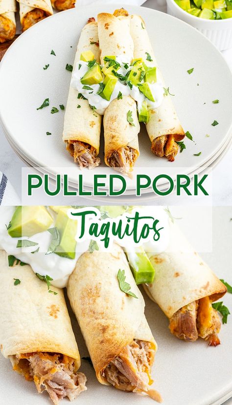 Shredded Pork Mexican Recipes, Pulled Pork Taquitos Air Fryer, Pork Taquitos Baked, Pulled Pork Roll Ups, Pork Wraps Tortillas, Pork Flautas Recipe, Taquitos Pork, Recipes With Shredded Pork, Pork Quesadilla Recipes