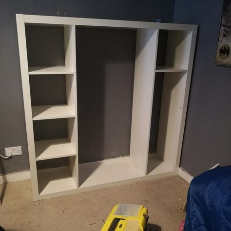 Diy Ikea Wardrobe, Kallax Wardrobe, Kallax 4x4, Ikea Wardrobe Hack, Ikea Shelving, Ikea Shelving Unit, Diy Closet Shelves, Ikea Blinds, Grey Wardrobe