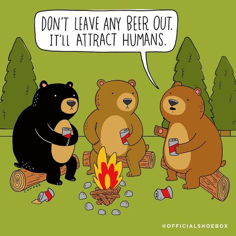 Don't leave any beer out. It'll attract humans. (bear, camping, camp, outdoors, great outdoors, cute, beer, fire, campfire, grizzly, cartoon, illustration, design) Camping Jokes Humor, Beer Puns, Camping Jokes, Love Puns, Camping Humor, Camping Fun, Inside Jokes, Camping Hacks, Bones Funny