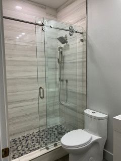 75 Small Sliding Shower Door Ideas You'll Love - August, 2023 | Houzz Sliding Shower Door Ideas, Shower Door Ideas, Guest Bath Remodel, Bathroom Ideas For Small Spaces, Condo Makeover, Half Wall Shower, Glass Shower Wall, Tub To Shower Remodel, Shower Sliding Glass Door