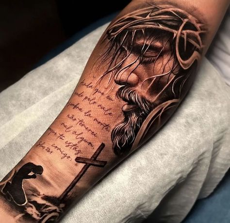 Jesus Tattoo Sleeve, Jesus Tattoo Design, Catholic Tattoos, Christ Tattoo, Christian Sleeve Tattoo, God Tattoos, Religious Tattoo, Jesus Tattoo, Bicep Tattoo