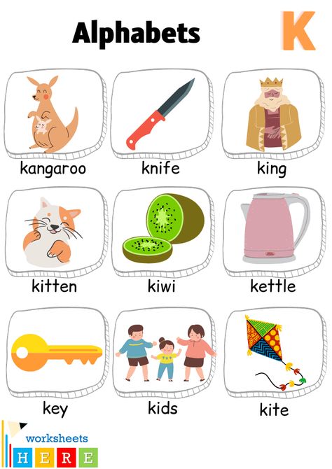 Alphabet K Words with Pictures, Letter K Vocabulary with Pictures - WorksheetsHere.com Letter K Pictures, Letter K Words, K Words, Jolly Phonics Songs, Letter Pictures, Alphabet Chart Printable, Letter A Words, Words List, Alphabet Chart