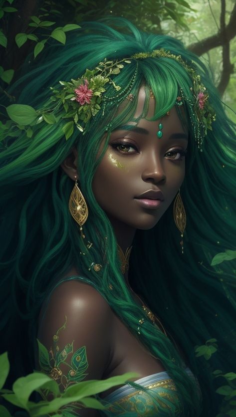 This artwork is a true masterpiece, showcasing the enchanting presence of the goddess of nature. She is depicted with sparkling, flowing green hair that embodies the essence of nature's vitality. Her dark skin beautifully complements the lush greenery that surrounds her. Goddess Of The Earth, Goddess Of Nature Fantasy Art, Black Elf Woman, Nature Goddess Art, Goddess Makeup Look, Plant Goddess, Goddess Of Nature, Flower Goddess, Mother Earth Art