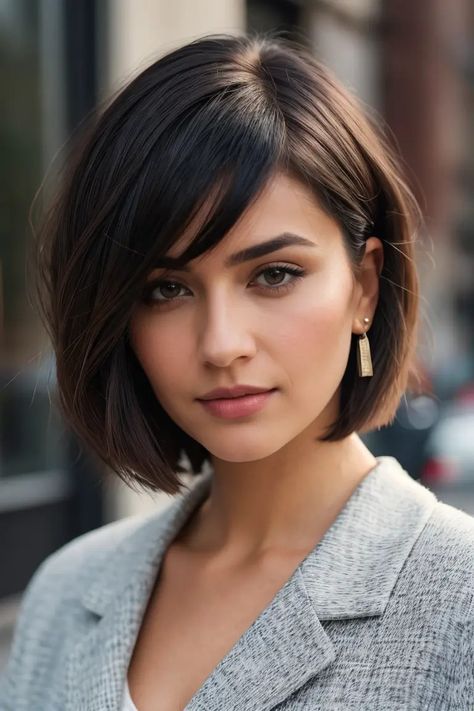 Modern Chin Length Haircuts That Will Elevate Your Look Coupe, Chin Length Brunette Bob With Highlights, Triangle Bob Haircut, Short Shiny Hair, Sophisticated Bob Hairstyles, Classic Bob With Bangs, Short Hairstyles 2024 Trends, 2024 Hair Trends For Women Short Bob, Angled Short Bob