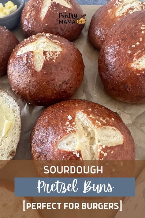 Sourdough pretzel buns with a golden chewy crust dusted in flaky salt. Use active sourdough starter to create these sourdough pretzel rolls. Sourdough Pretzel Buns, Pretzel Buns Recipe, Pretzel Bun Recipe, Sourdough Pretzel, Active Sourdough Starter, Pretzel Buns, Recipe Using Sourdough Starter, Discard Recipe, Pretzel Rolls