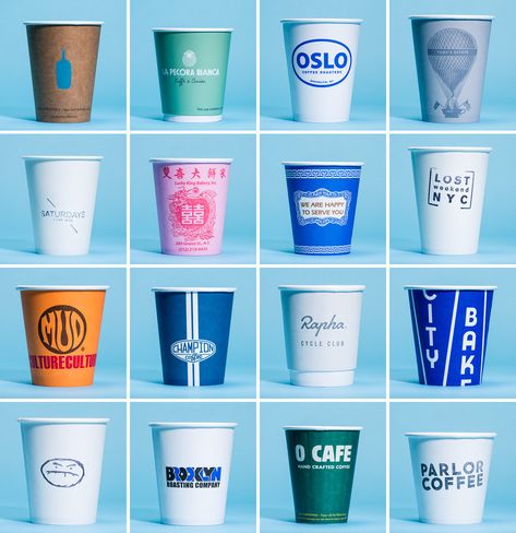 A visual survey of New York City coffee cups, from Gear Patrol's favorite cafes across the city Paper Cup Design, Nyc Coffee, To Go Coffee Cups, Disposable Coffee Cups, Blue Bottle Coffee, Coffee Cup Design, Tassen Design, Coffee Crafts, Coffee To Go