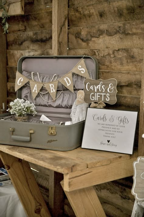 Wedding Card Suitcase Ideas, Vintage Trunk For Wedding Cards, Cards And Gifts Table Wedding Rustic, Bridal Shower Card Box Ideas Gift Table, Luggage Card Box Wedding, Vintage Suitcase Card Box Wedding, Wedding Card Box Ideas Rustic Gift Table, Vintage Card Box Wedding, Rustic Wedding Seating Plan