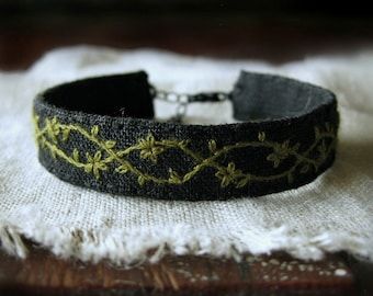 Stitched Bracelets, Cloth Bracelets, Vine Bracelet, Emily Anderson, Black Cuff Bracelet, Fabric Cuff Bracelet, Floral Cuff Bracelet, Hand Embroidered Jewelry, Embroidered Bracelet