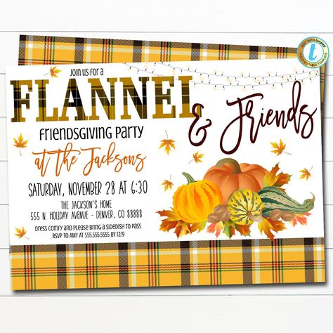 "Flannel and Friends!  Thanksgiving Party Plaid Invitation Editable Template.  Use this fall thanksgiving party for your festive holiday event!  Almost all text is editable so you can make it read what you wish.  *the top word flannel is not editable TEMPLATE FORMATTED SIZES: 5\" x 7\" (Invite) Front + Back IMPORTANT: This is a DIY self-editing digital, printable product - I do not edit this file for you.  However, I do offer editing services at an extra charge, please reach out if you are inter Fall Flannel Party Theme, Flannel And Friends Friendsgiving, Fall Party Themes For Adults, Friendsgiving Bunco, Fall Potluck, Pyjamas Party, Pajamas Party, Potluck Dinner, Friendsgiving Party