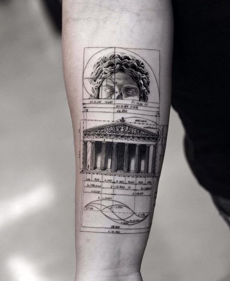 Microrealism Tattoo Men, Greek Architecture Tattoo, Archeology Tattoo, Microrealism Tattoo, Chaos Tattoo, Concept Tattoo, Geometric Tattoo Sleeve Designs, Roman Tattoo, Artsy Tattoos