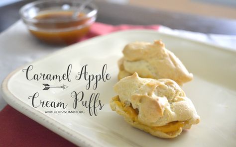 Caramel Apple Cream Puffs @ AVirtuousWoman.org A Proverbs 31 Woman, Dishes Recipe, Fall Apple Recipes, A Virtuous Woman, Apple Cream, Walking On Sunshine, Virtuous Woman, Fall Apples, Cream Puffs