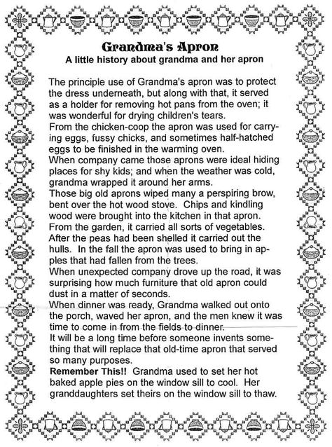 grandma's apron poem | Grandma's Apron Apron History, Apron For Grandma, Grandmas Apron, Grandma's Cottage, Shy Kids, Apron Ideas, Grandma Quotes, Garden Cooking, Sewing Aprons