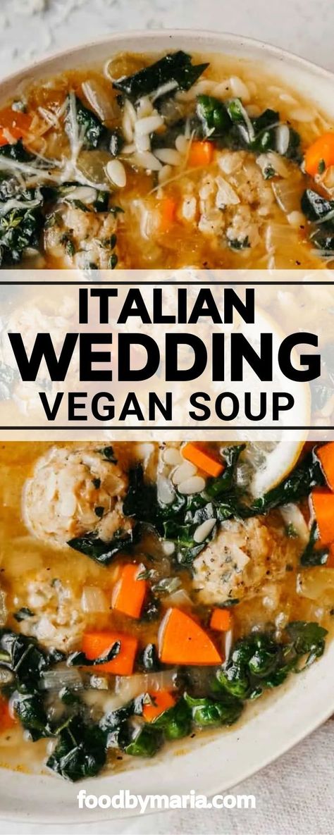 This delicious italian wedding soup is a perfect dinner dish! And this soup is vegan friendly meaning it's meat and dairy free! You can learn how to make this meal here. Italian Wedding Soup Vegan, Vegan Italian Soup Recipes, Vegetarian Wedding Soup, Vegan Wedding Soup, Italian Wedding Soup Vegetarian, Vegetarian Italian Wedding Soup, Minestra Italian Soup, Vegan Italian Wedding Soup, Vegan Wedding Food