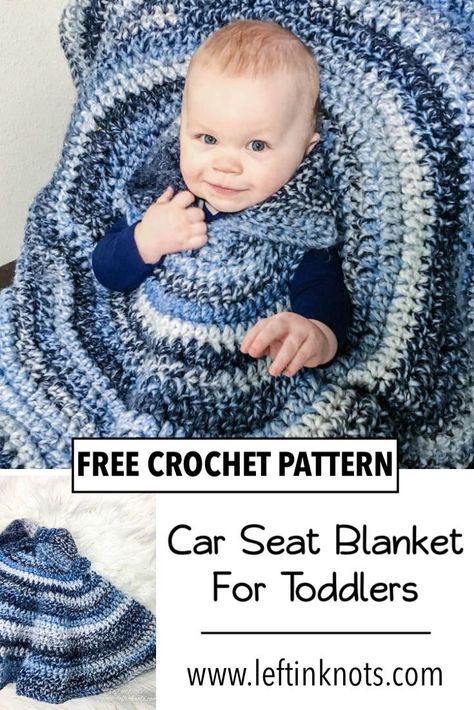 Get your babies ready for winter with this wearable car seat blanket.  It's a free crochet pattern that uses bulky yarn, and the blanket can be worn safely over car seat straps and double as a car seat poncho.  #crochet #freecrochetpattern #crochetpattern #leftinknots #carseatsafety Car Seat Cloak Crochet Pattern, Crochet Greenery, Crochet Modern, Toddler Poncho, Crochet Baby Poncho, Poncho Au Crochet, Bunny Bonnet, Car Seat Poncho, Baby Poncho