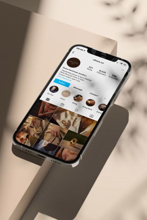 Elegant Social media (Instagram) mock-up for ethical jewellery brand utilising a clean neutral phone mock-up against a wall with shadows of plants Elegant Brand Identity, Marketing Studio, Social Media Mockup, Instagram Branding Design, Social Design, Devon Uk, Elegant Branding, Iphone Mockup, Instagram Branding