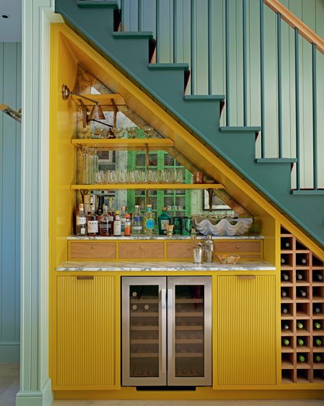 Raise the Bar – When Hutley &... - Homes & Gardens Magazine Bar Under Stairs, Colorful Beach House, Home Bar Ideas, Decorating Rules, Fishermans Cottage, Under The Stairs, Seaside Cottage, Inviting Home, English House