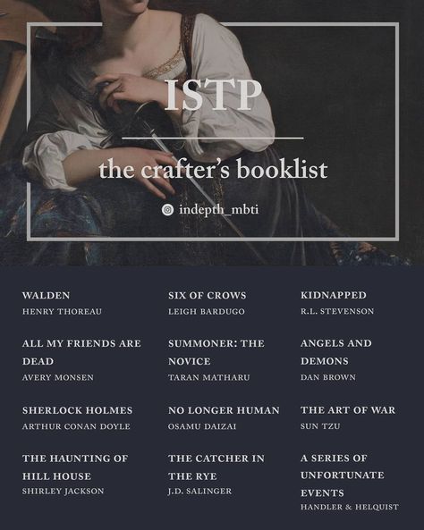 Intj Personality Booklist, Istp Mbti Playlist, Intp Personality Booklist, Isfp Booklist, Into Booklist, Mbti Booklist, Entp Booklist, Books For Intp, Istp Personality Aesthetic