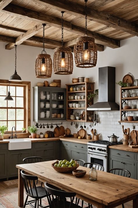 20 Boho Farmhouse Kitchen Ideas – The Dear Lab Natural Wood Farmhouse Kitchen, Beautiful Small Kitchen Ideas, Mexican Rustic Kitchen, Cozy Kitchen Inspiration, Boho Kitchen Aesthetic, Kitchens With Wood Ceilings, Boho Farmhouse Kitchen Ideas, Farmhouse Kitchen Renovation Ideas, House Inspo Kitchen