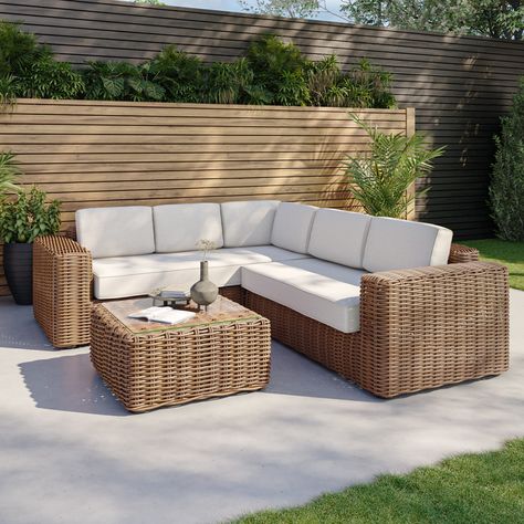 5 Seater Thick Light Rattan Corner Sofa Set with Griege Cushions - Como Back Garden Furniture, Outdoor Rattan Furniture Sets, Garden Relaxing Area Outdoor Seating, Garden Patio Furniture Ideas, Garden Sofa Ideas, Sala Set Design, Outside Furniture Patio, Outside Sofa, Minimalist Outdoor Furniture