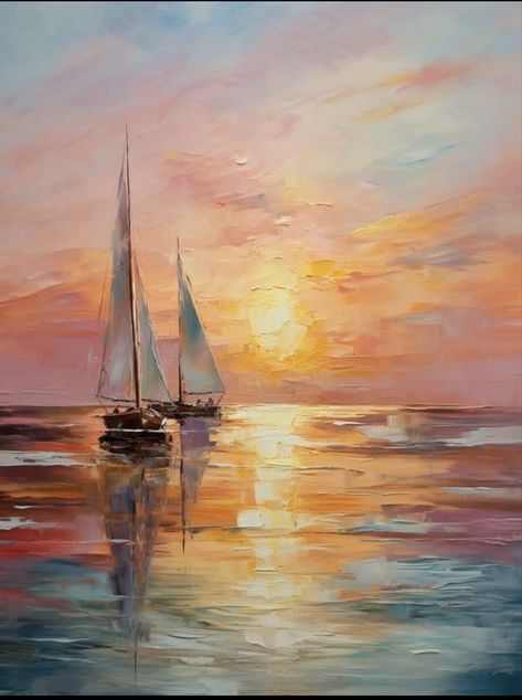 Acrylic Painting Boat On Water, Paintings Of Sailboats, Ocean Sunset Drawing, Poster Painting Ideas, Beginner Oil Painting Ideas, Sunset Ocean Painting, Boat Painting Acrylic, Sailboat Sunset, Sunset Painting Acrylic