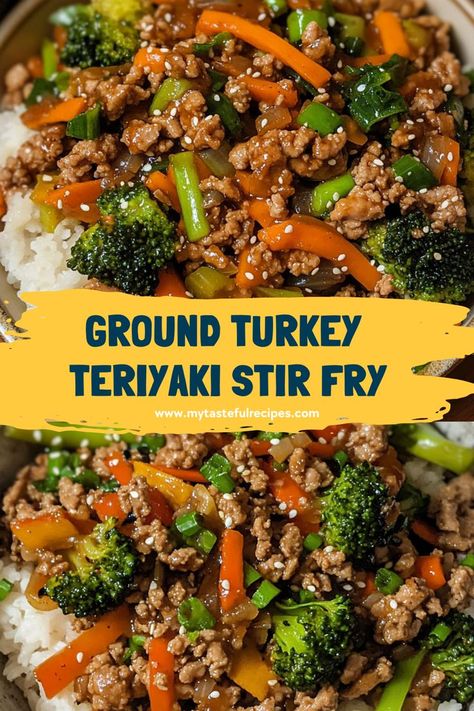 Whip up a savory meal in no time with this Ground Turkey Teriyaki Stir Fry! In just 30 minutes, you'll have a delightful mix of ground turkey, colorful veggies, and a rich teriyaki sauce that will leave everyone asking for seconds! Sesame Ground Turkey Bowls, Ground Turkey And Asparagus, Ground Turkey Teriyaki Stir Fry, Stir Fry With Ground Turkey, Turkey Broccoli Stir Fry, Ground Turkey And Beef Recipes, Ground Turkey And Vegetables, Ground Turkey Teriyaki Rice Bowl, Ground Meat Stir Fry