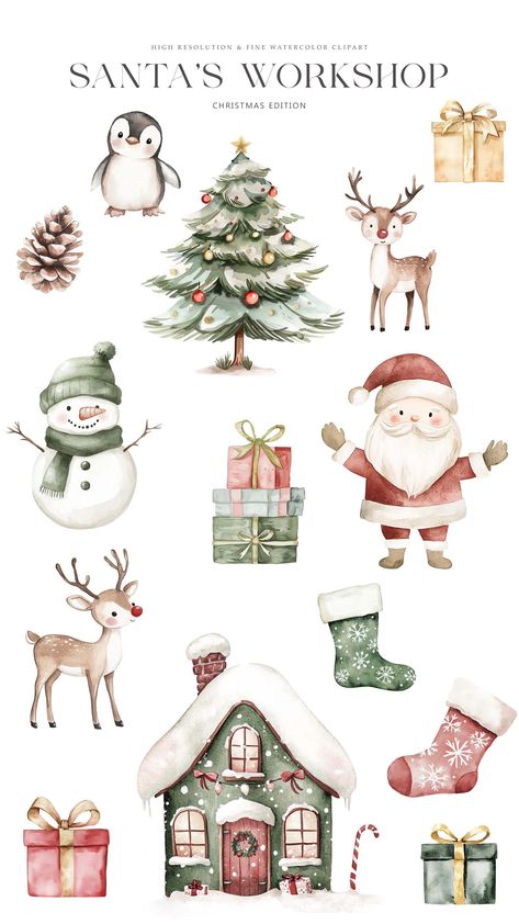 Tonia Tkach Illustration, Xmas Stickers Free Printable, Watercolor Christmas Clipart, Christmas Illustration Drawing, Christmas Elements Illustration, Christmas Cute Art, Cute Santa Drawing, Christmas Sticker Ideas, Christmas Cute Illustration