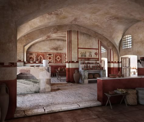 Roman Houses Ancient, Ancient Roman Kitchen, Greco Roman Architecture, Roman House Interior, Roman Kitchen, Ancient Roman Houses, Classical Interior Design, Roman House, Hadrian’s Wall